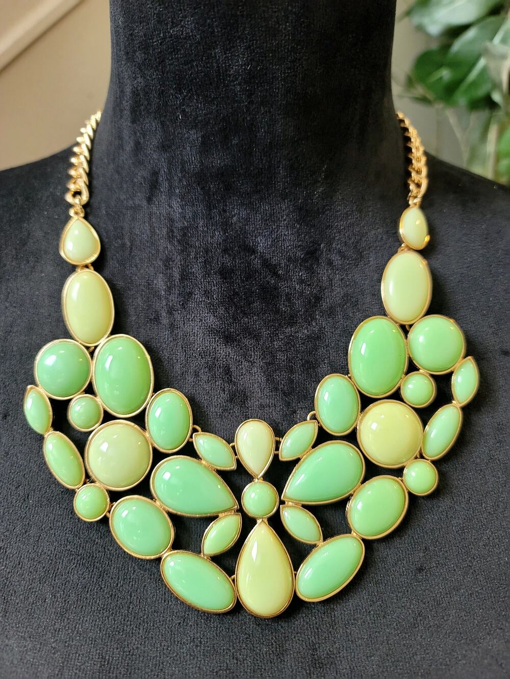Mint Green Gold Tone Cabochon Bib Statement Necklace Chunky